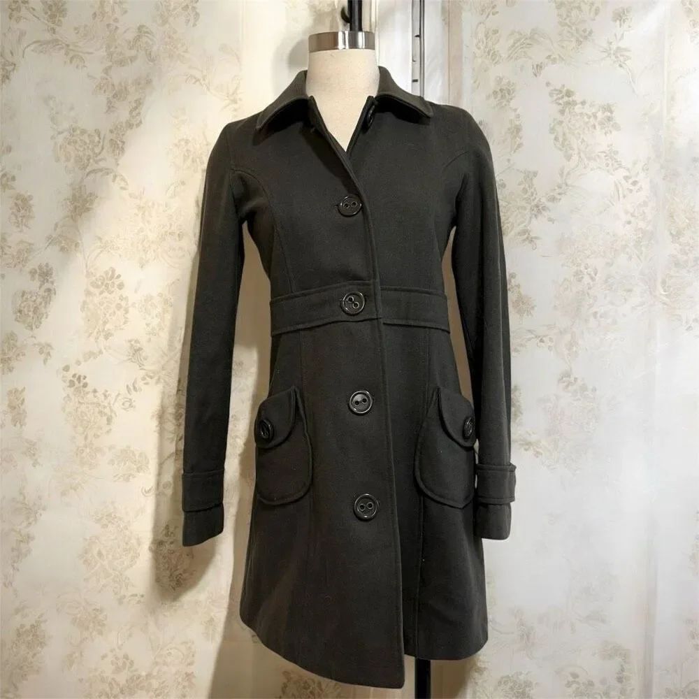 Tulle Brown Green Gray Jacket Coat Trench Peacoat Small Wool Fitted